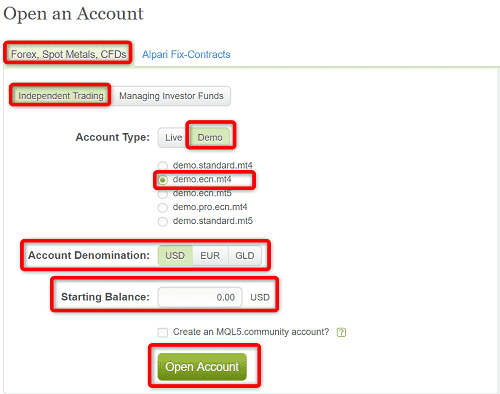 手順⑤：Alpariデモ口座のスペックを入力して"Open Account"をクリック