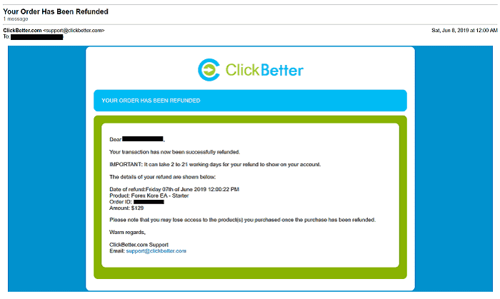 [Forex Kore EAの購入と返金]手順④："ClickBetter"から２通メールが届いたら完了