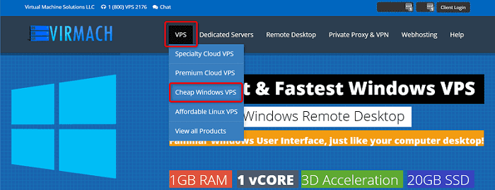 [VirMachの使い方]手順①："VPS"から"Cheap Windows VPS"をクリック