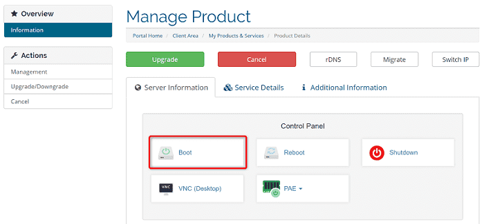 [VirMachの使い方]手順④："Product Details"から"Boot"をクリック