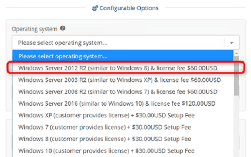 [WIN-VPS.comの使い方]手順③："Operating system"から"Windows Server 2012 R2 (simillar to Windows8) & license fee $60.00USD"を選択