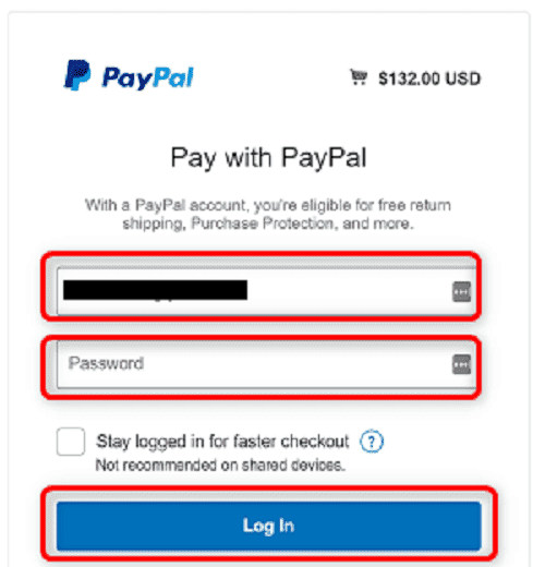 [WIN-VPS.comの使い方]手順⑧：PayPalのログイン画面が開くのでPayPalに登録した"メールアドレス"と"パスワード"を入力して"Log In"をクリック