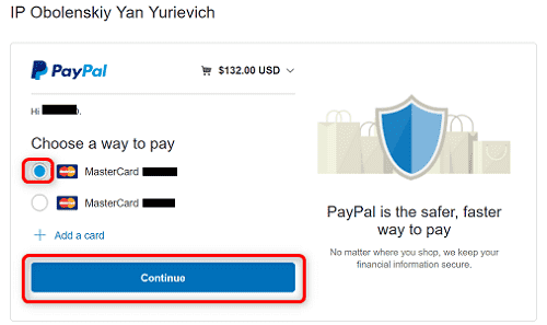 [WIN-VPS.comの使い方]手順⑩：決済に使用する"クレジットカード"にチェックを入れ"Continue"をクリック