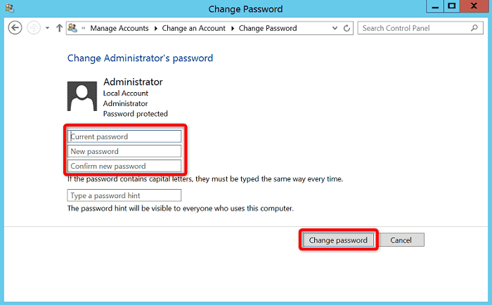 [WIN-VPS.comの使い方]手順⑤："Change Administrator's password"に必要事項を入力して"Change password"をクリック