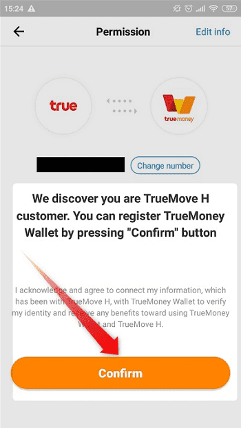 ⑥：電話番号とTrue Money Walletの紐づけに対する、承諾の画面が開くので、問題なければ「Confirm」タップ