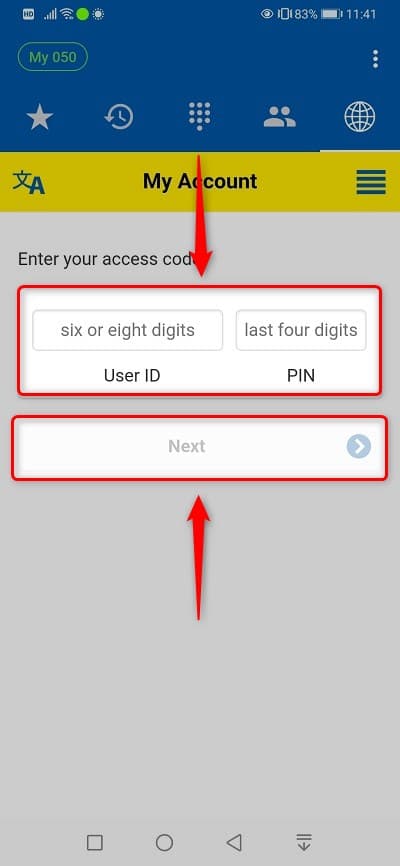 手順③：「User ID(6桁 or 8桁)」と「PIN(4桁)」を入力し「Next」をタップ
