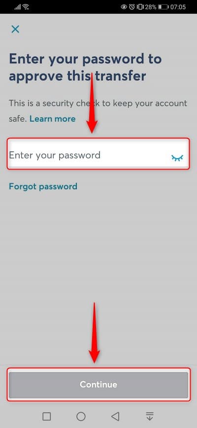 手順(8)：Wiseのパスワードを入力して「Continue」をタップ