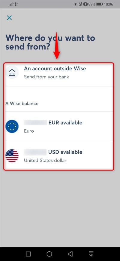 その①：送金元のアカウントを選択。今回は「EUR」から送金