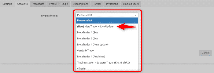 手順1：「My platform is」から「(New) Meta Trader 4 Live Update」を選択