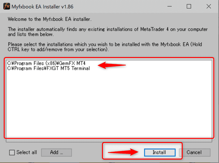 手順(1)： MyfxbookのEAインストーラー「EaInstaller.exe」をダウンロード。Myfxbookを設定するMT4を選択して「Install」をクリック