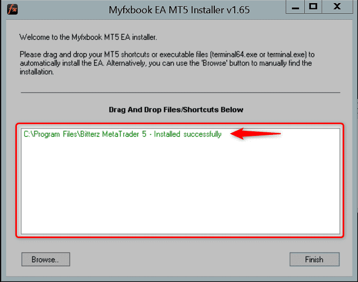 手順(1)： MyfxbookのEAインストーラー「EaInstallerMT5.exe」をダウンロードして起動。Myfxbookを設定するMT5を選択してインストール